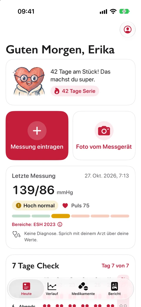 Cuffy: die letzte Messung mit Einordnung, Messung eintragen und Foto vom Messgerät
