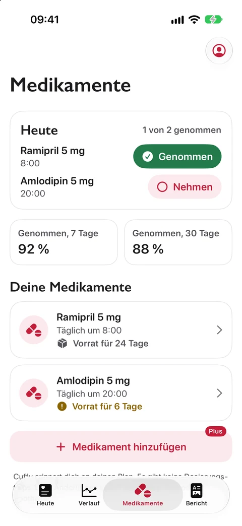 Cuffy: heutige Tabletten abhaken, Vorrat und wie regelmäßig du sie genommen hast
